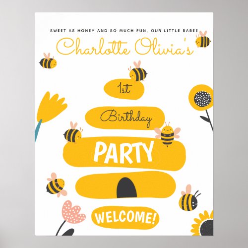 Bee Yellow  Pink Floral ONE Babys 1st Birthday Poster