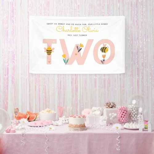 Bee Yellow  Pink Floral TWO Babys 2nd Birthday Banner
