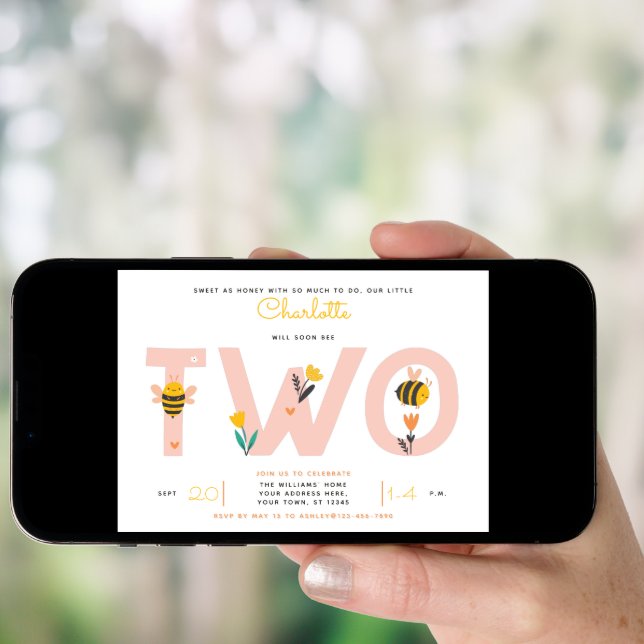 Bee Yellow & Pink Floral TWO Baby's 2nd Birthday Invitation (Front Digital)