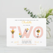Bee Yellow & Pink Floral TWO Baby's 2nd Birthday Invitation (Standing Front)