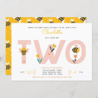 Bee Yellow & Pink Floral TWO Baby's 2nd Birthday Invitation