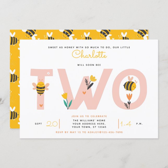 Bee Yellow & Pink Floral TWO Baby's 2nd Birthday Invitation (Front/Back)