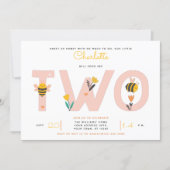 Bee Yellow & Pink Floral TWO Baby's 2nd Birthday Invitation (Front)