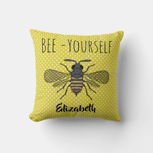 BEE Yourself Trendy Yellow Polkadots Pattern NAMED Throw Pillow