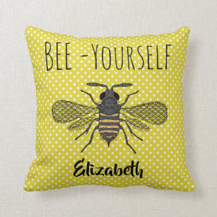 BEE Yourself Trendy Yellow Polkadots Pattern NAMED Throw Pillow