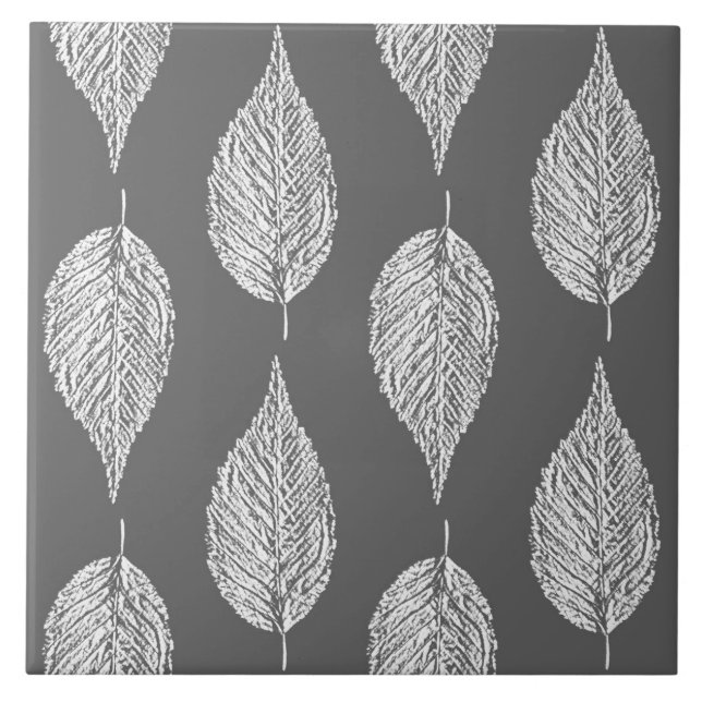 Beech Leaf Chalk Print, Gray / Grey and White Ceramic Tile (Front)