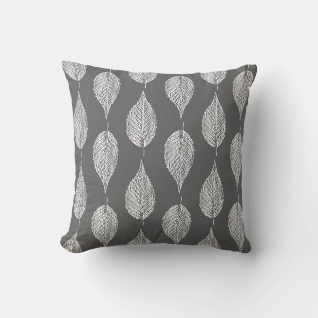 Beech Leaf Chalk Print, Gray / Grey and White Throw Pillow (Front)