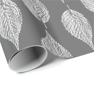 Beech Leaf Chalk Print, Gray / Grey and White Wrapping Paper