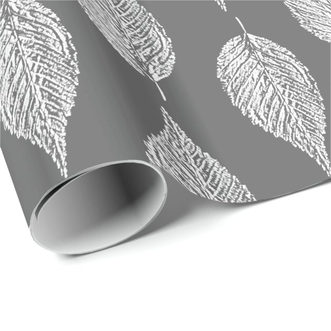 Beech Leaf Chalk Print, Gray / Grey and White Wrapping Paper (Roll Corner)