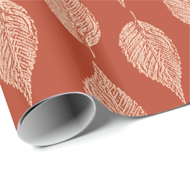 Beech Leaf Chalk Print, Mandarin Orange Wrapping Paper (Roll Corner)