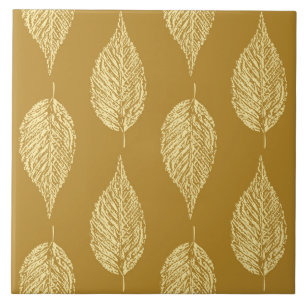 Beech Leaf Chalk Print, Mustard Yellow / Gold Ceramic Tile