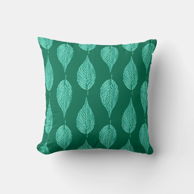 Beech Leaf Chalk Print, Turquoise and Aqua Throw Pillow (Front)