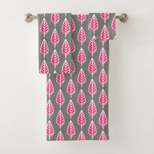 Beech Leaf Pattern, Fuchsia Pink and Gray Bath Towel Set