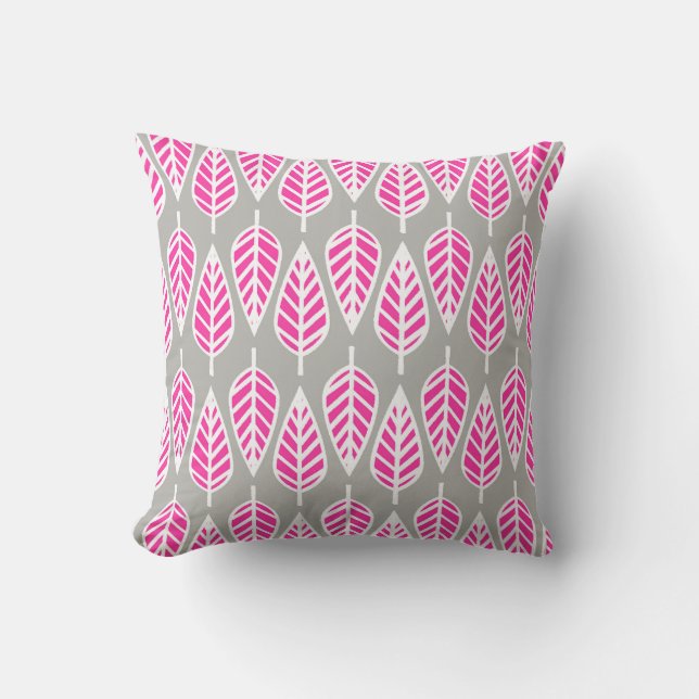 Beech leaf pattern - Fuchsia pink and silver Throw Pillow (Front)