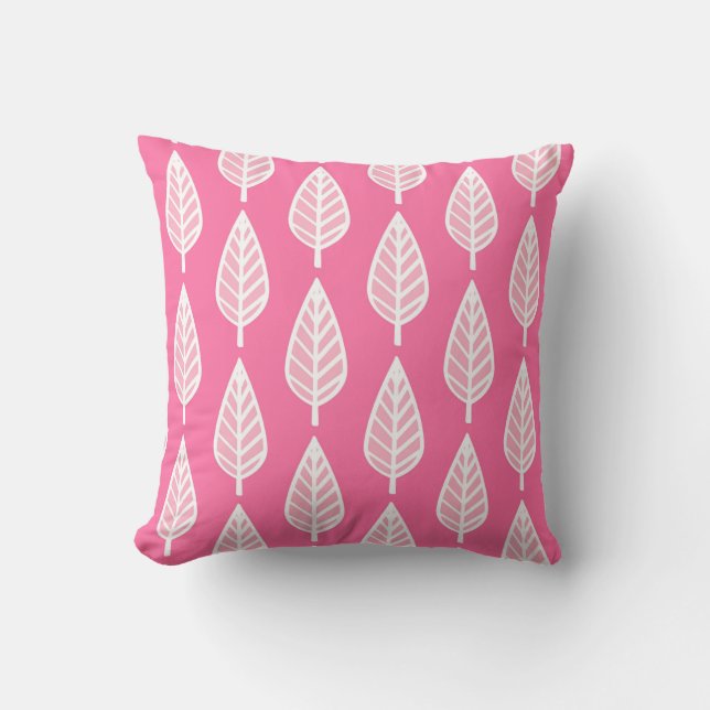 Beech leaf pattern - Hot pink and white Throw Pillow (Front)