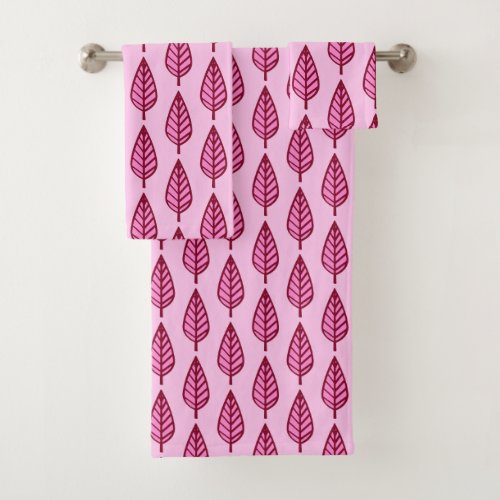 Beech leaf pattern pink and burgundy bath towel set