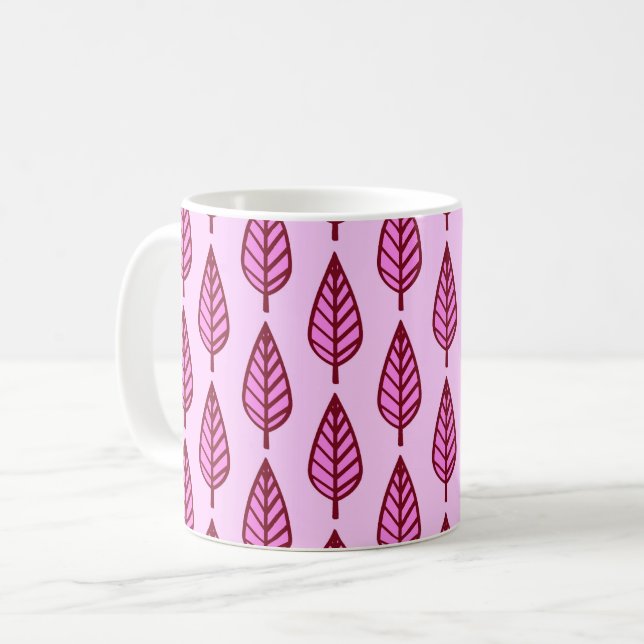 Beech leaf pattern - pink and burgundy coffee mug (Front Left)