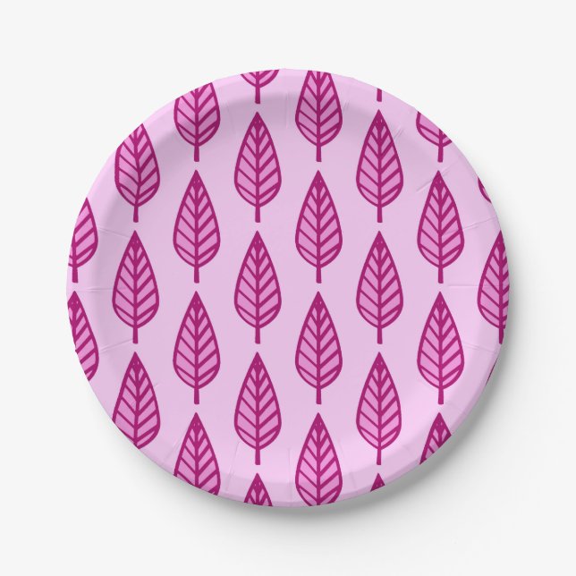 Beech leaf pattern - pink and burgundy paper plates (Front)