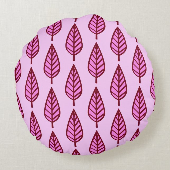 Beech leaf pattern - pink and burgundy round pillow (Back)