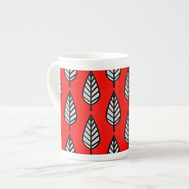 Beech leaf pattern - Red, black and grey / gray Bone China Mug (Front Left)