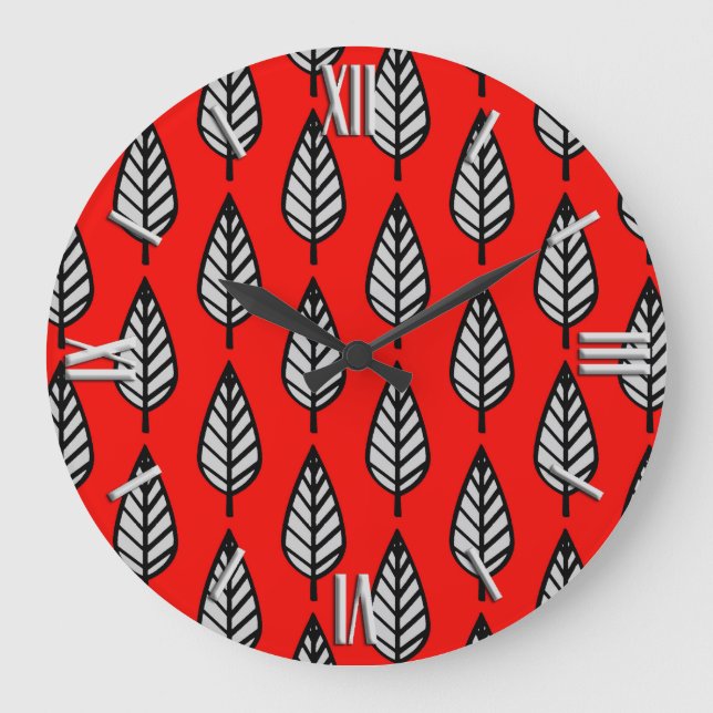 Beech leaf pattern - Red, black and grey / gray Large Clock (Front)