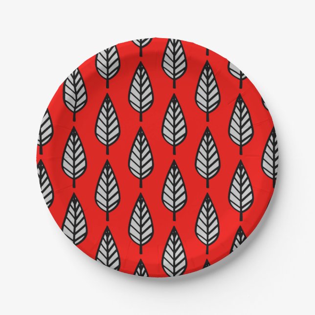 Beech leaf pattern - Red, black and grey / gray Paper Plates (Front)