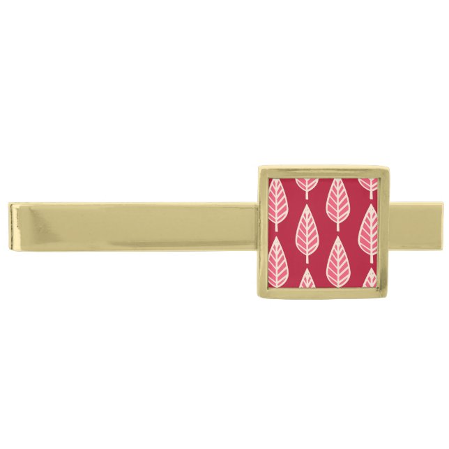 Beech leaf pattern - Ruby red and cream Gold Finish Tie Clip (Front)