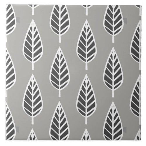 Beech Leaf Pattern Silver Gray Graphite  White  Ceramic Tile