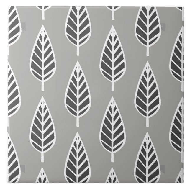 Beech Leaf Pattern, Silver Gray, Graphite & White  Ceramic Tile (Front)