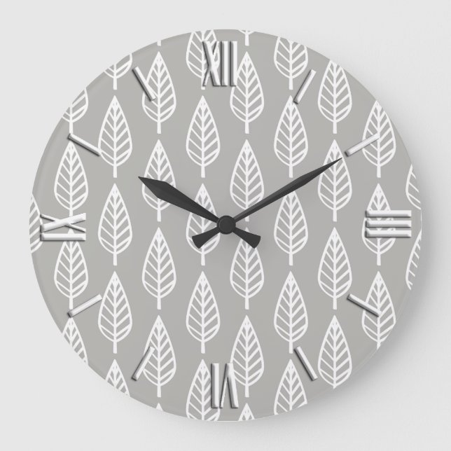 Beech leaf pattern - silver grey / gray and white large clock (Front)