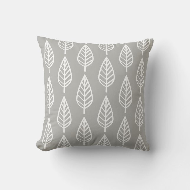 Beech leaf pattern - silver grey / gray and white throw pillow (Front)