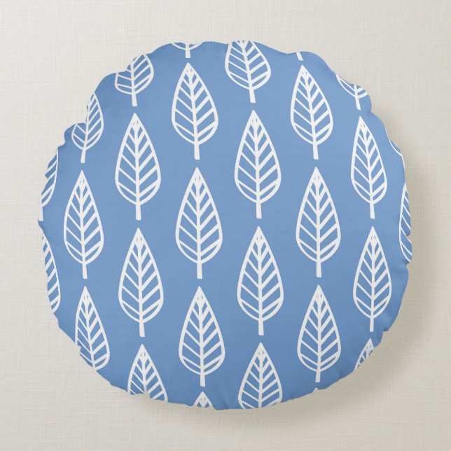 Beech leaf pattern - Sky blue and white Round Pillow (Front)