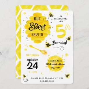 BEEday Honey Bee Yellow Fifth 5th Birthday Party Invitation