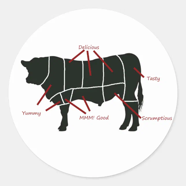 Beef Butcher Chart - Tasty Delicious Yummy Beef! Classic Round Sticker | Zazzle