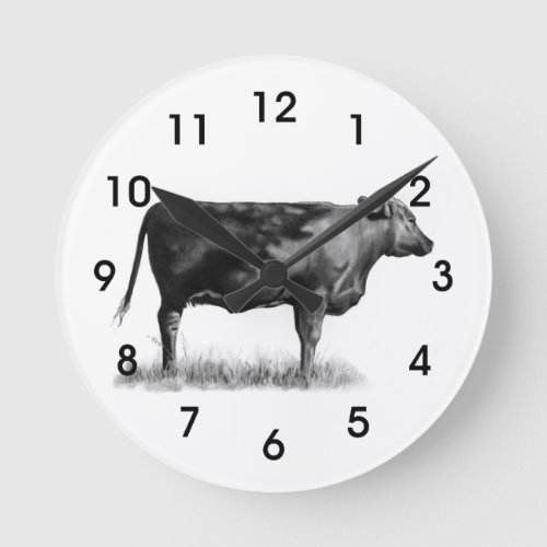 Beef CowHeifer in Pencil Realism Drawing Round Clock