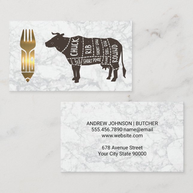 Beef Diagram |  Gold Metallic Utensils Business Card (Front/Back)