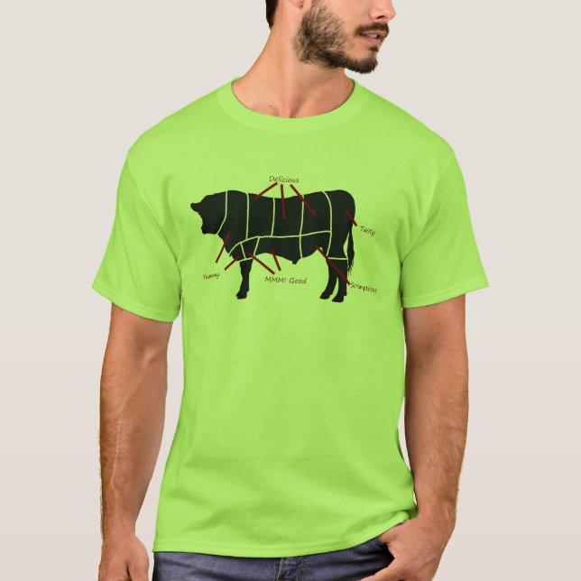 Beef Eater! Tasty Cuts Butchering Diagram T-Shirt (Front)