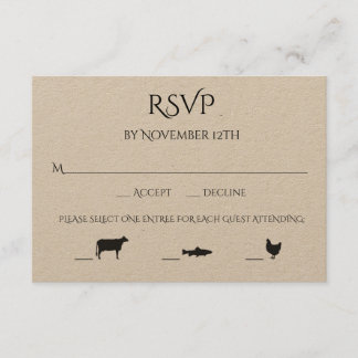 Beef Fish Chicken 3 Entree Choice Wedding RSVP Card