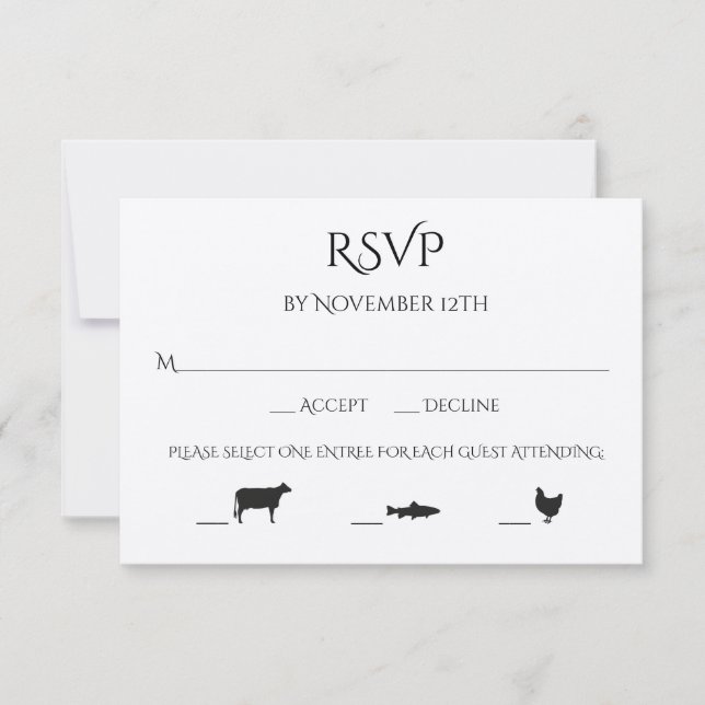 Beef Fish Chicken 3 Entree Choice Wedding RSVP Card (Front)