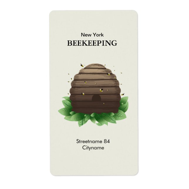 Beehive and bees on green leafs label (Front)