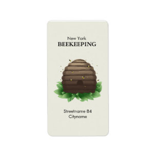 Beehive and bees on green leafs label