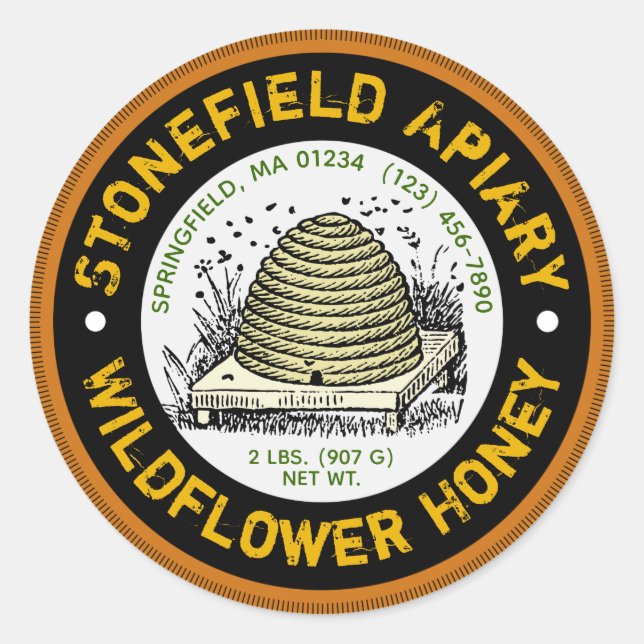 Beehive Apiary Name Dark Amber Honey Jar Stickers (Front)