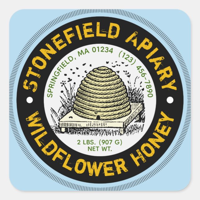 Beehive Apiary Name Light Blue Honey Jar Stickers (Front)