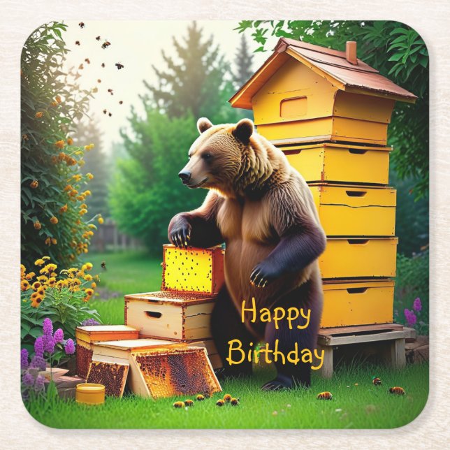 Beehive Bear Square Paper Coaster (Front)