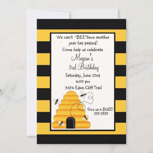 Beehive Bumble bee Birthday Invitations