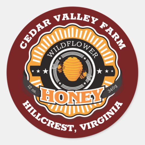 Beehive Emblem Honey Jar Dark Red Classic Round Sticker