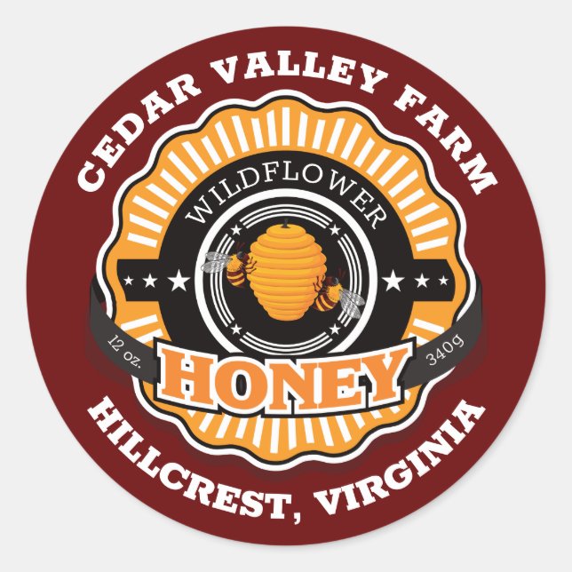 Beehive Emblem Honey Jar Dark Red Classic Round Sticker (Front)
