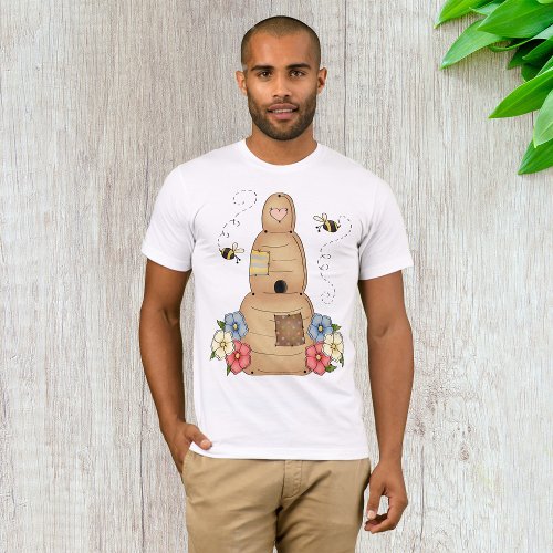 Beehive With Bees And Flowers Mens T_Shirt