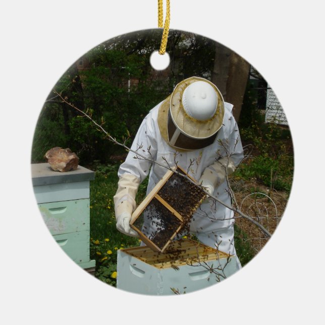 Beekeeper Adds Honeybees Ceramic Ornament (Front)