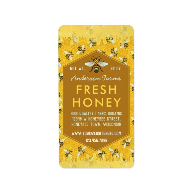 Beekeeper Apiary Honey Jar Labels Honeycomb Bees (Front)